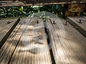 Wooden buildings. Detail with screws torn off the floorboards of an old wooden deck