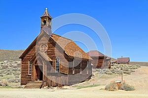 Bodie State Historic Park, Methodist Church and Wooden Houses in Desert Landscape, California