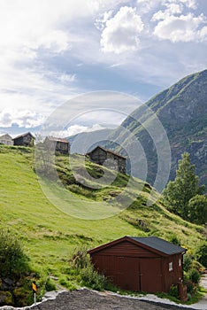 wooden buildings on green hill at Aurlandsfjord Flam