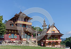 Wooden buildings in pupular recreational centre in Beskid mountains in Czech Republic