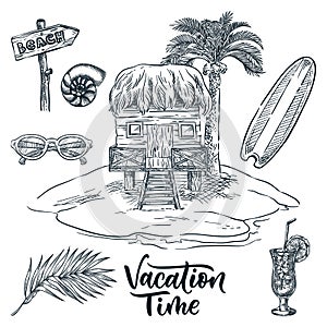 Wooden bungalow and palm tree on tropical island vector hand drawn sketch landscape illustration. Summer design elements