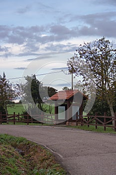 Wooden bus station in the village. Empty rural bus station along road with fence and trees. Travel and destination concept.