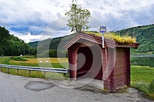 Wooden bus stop in Norwegian countryside
