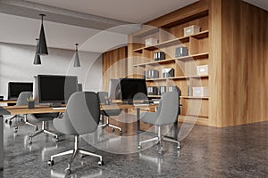 Wooden business interior with coworking space and shelf with documents