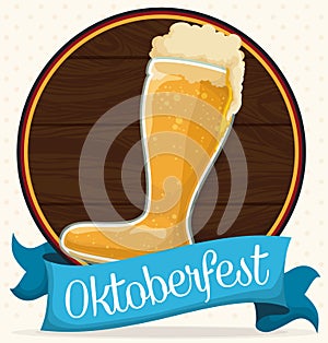 Wooden Button with Beer Boot for Oktoberfest Celebration, Vector Illustration