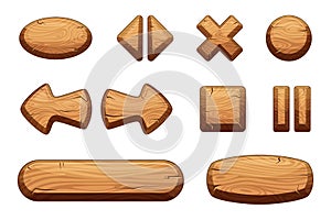 Wooden buttons set for game ui. Vector cartoon illustrations