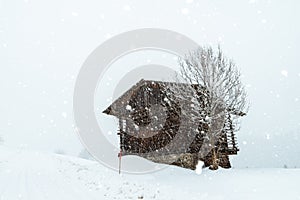 Wooden cabin in the austrian alps, covered with snow