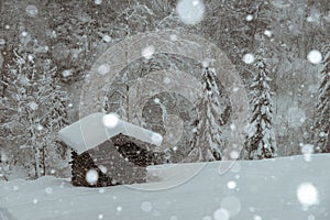 Wooden cabin in the austrian alps, covered with snow