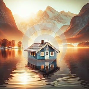 Wooden cabin on a lake on pilings. Reflections in water.AI generated