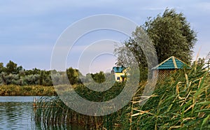 wooden cabin near the edge of a small small river or pond amidst lush foliage nearing sunset.