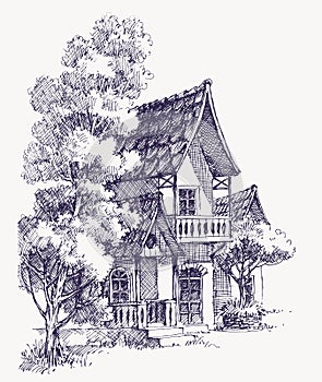 Wooden cabin, oak trees hand drawing