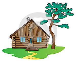 Wooden cabin and pine tree