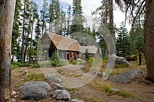 Wooden cabin in scenic forest photo