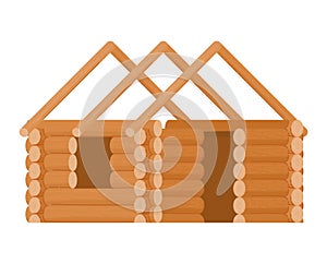 Wooden cabin structure with stacked logs and triangle roof. Cartoon style log house construction. Home building and