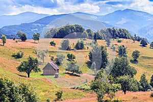 Wooden cabin in summer mountains