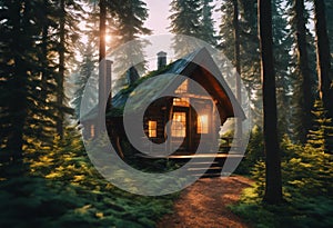 Wooden cabin in a tranquil forest setting, AI-generated.