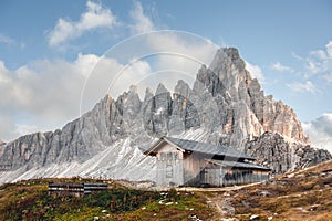 Wooden cabin at the Tre Cime di Lavaredo National Park