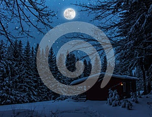 Wooden cabin in winter forest by night with full moon and stars