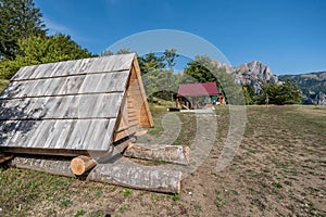 Wooden Cabin in the woods in autumn by the mountain Zelengora, B