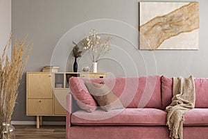 Wooden cabinet and abstract painting behind pink couch in elegant living room interior