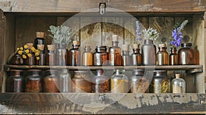 A wooden cabinet filled with various oils and herbs their labels faded but their medicinal properties still potent. This photo
