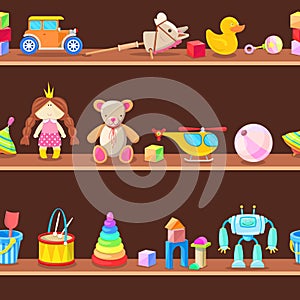 Wooden cabinet with kids toys on shelves. Seamless vector background