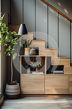 Wooden cabinet near grey wall under the stairs in modern cottage. Indoor plants and accessories. Contemporary interior