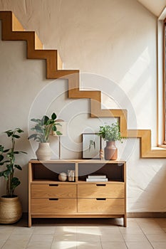 Wooden cabinet near white wall under the stairs in modern cottage. Indoor plants and accessories. Contemporary interior