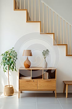 Wooden cabinet near white wall under the stairs in modern cottage. Indoor plants and accessories. Contemporary interior