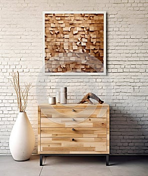 Wooden cabinet and poster on white brick wall. Interior design of modern living room. Created with generative AI