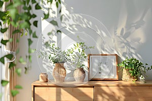 Wooden cabinet with vases plants artwork in sunlit modern living room. Concept Home Decor, Interior