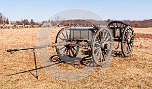 A wooden caisson in a field on the Gettysburg National Military Park