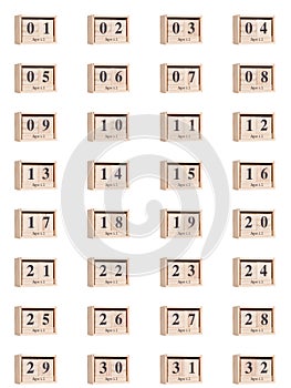 Wooden calendar, set of dates for the month of April 01-32, png on a transparent background