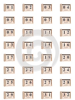 Wooden calendar, set of dates for the month of August 01-32, png on a transparent background, white,