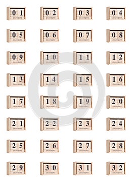 Wooden calendar, set of dates for the month of December 01-32, png on a transparent background, white,