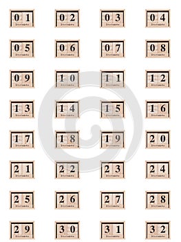 Wooden calendar, set of dates month December 01-32, on a white background