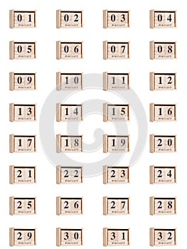 Wooden calendar, set of dates for the month of February 01-32, png on a transparent background, white