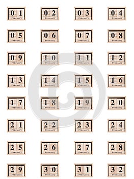 Wooden calendar, set of dates month February 01-32, on a white background