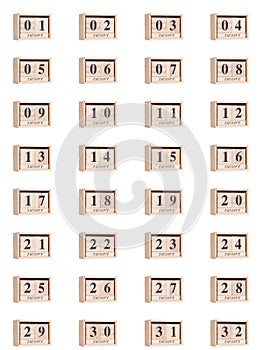 Wooden calendar, set of dates for the month of January 01-32, png on a transparent background, white,
