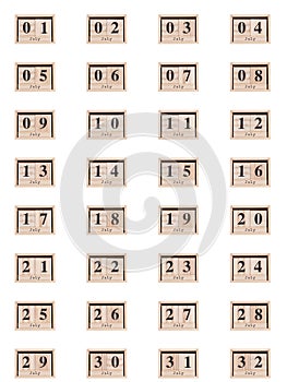 Wooden calendar, set of dates month July 01-32, on a white background