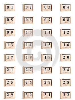 Wooden calendar, set of dates for the month of June 01-32, png on a transparent background