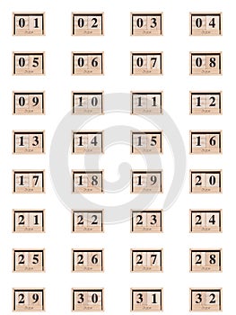 Wooden calendar, set of dates month June 01-32, on a white background