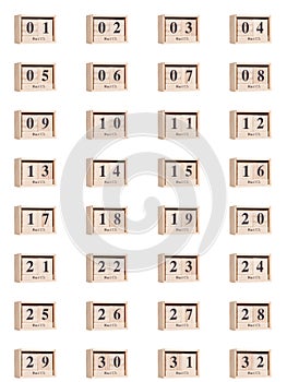 Wooden calendar, set of dates for the month of March 01-32, png on a transparent background, white