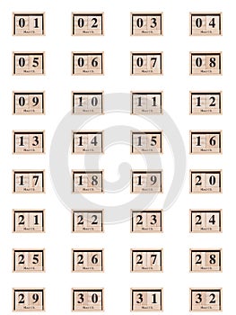 Wooden calendar, set of dates month March 01-32, on a white background