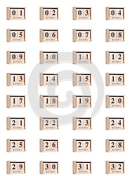 Wooden calendar, set of dates for the month of November 01-32, png on a transparent background, white