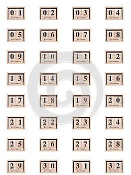 Wooden calendar, set of dates month November 01-32, on a white background