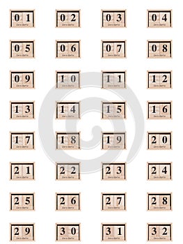 Wooden calendar, set of dates month October 01-32, on a white background