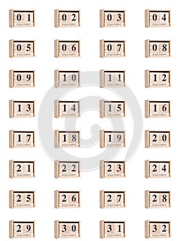 Wooden calendar, set of dates for the month of September 01-32, png on a transparent background