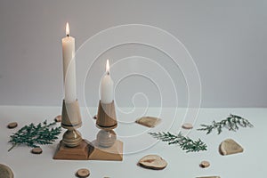 Wooden candle holders at the Christmas tree, new year