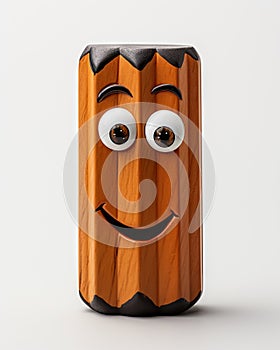 a wooden canister with eyes and a smile on it. generative ai